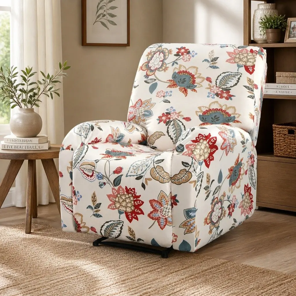 Recliner Chair Slipcover 4-Piece Set Polyester Stretch Pink Floral Printed