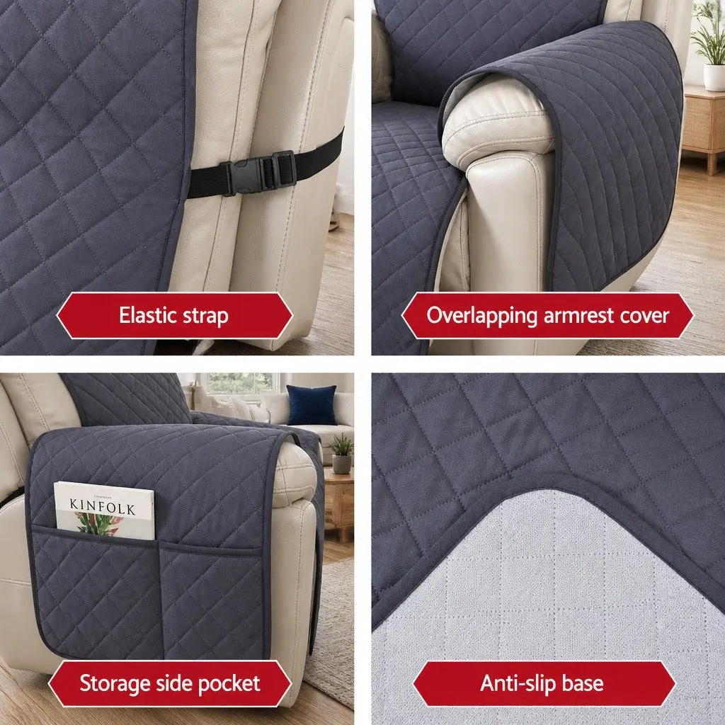 Recliner Chair Cover 1-Seater Water Resistant Grey Diamond Quilted Machine