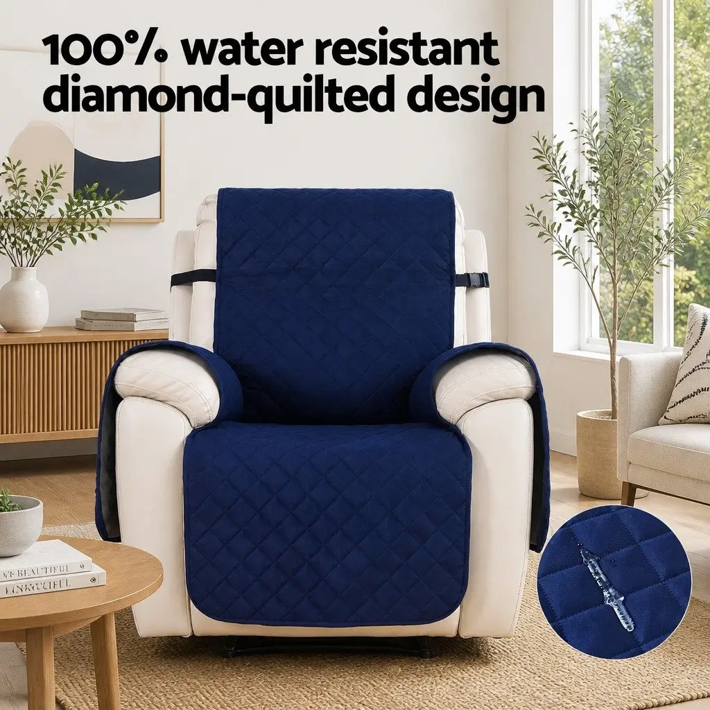Recliner Chair Cover Water Resistant Microfibre Fabric 1 Seater Navy Blue Diamond Quilted