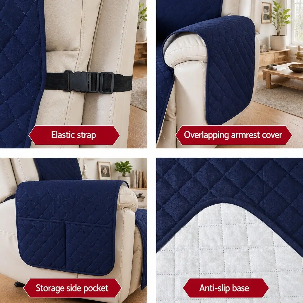 Recliner Chair Cover Water Resistant Microfibre Fabric 1 Seater Navy Blue Diamond Quilted