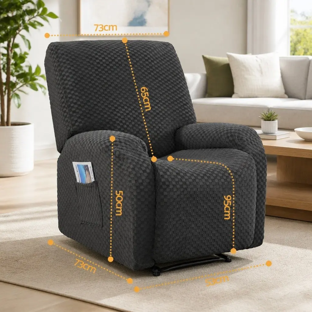 Recliner Chair Cover with Storage Side Pockets Grey Soft Fabric Stretch