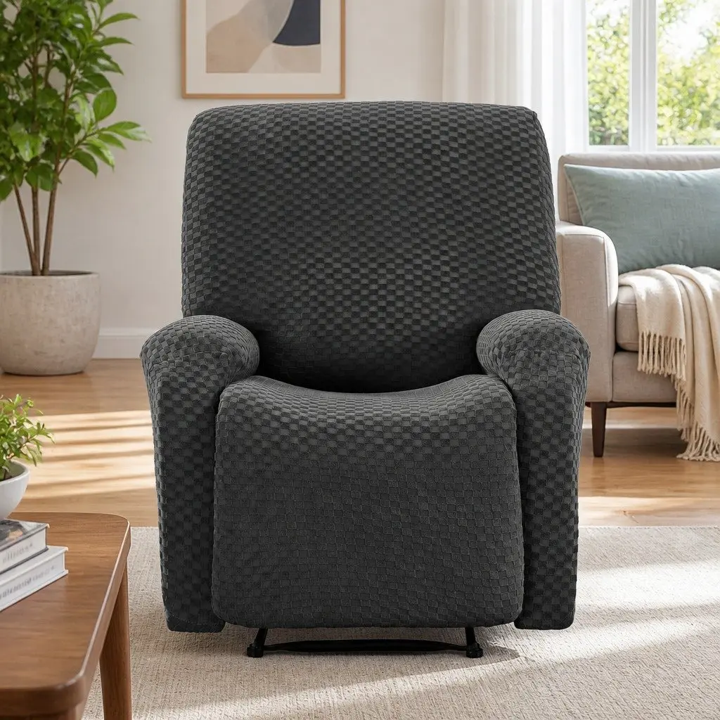 Recliner Chair Cover with Storage Side Pockets Grey Soft Fabric Stretch