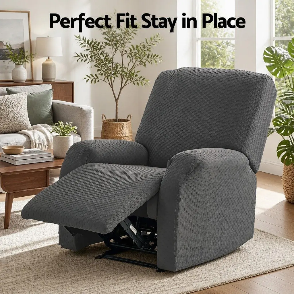 Recliner Chair Cover with Storage Side Pockets Grey Soft Fabric Stretch