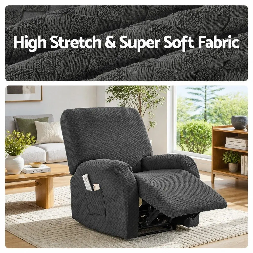 Recliner Chair Cover with Storage Side Pockets Grey Soft Fabric Stretch