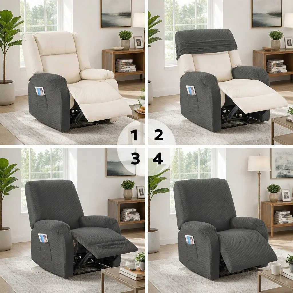 Recliner Chair Cover with Storage Side Pockets Grey Soft Fabric Stretch