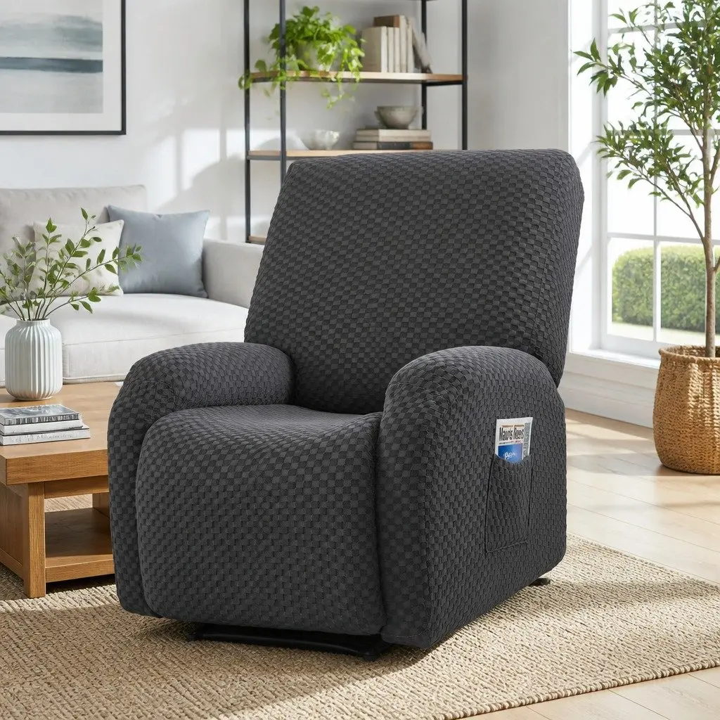 Recliner Chair Cover with Storage Side Pockets Grey Soft Fabric Stretch