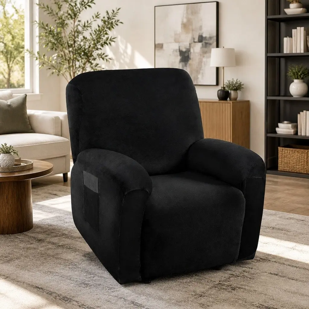 Recliner Chair Cover Velvet 1 Seater Black Stretchy Anti-Slip Elastic Machine Washable