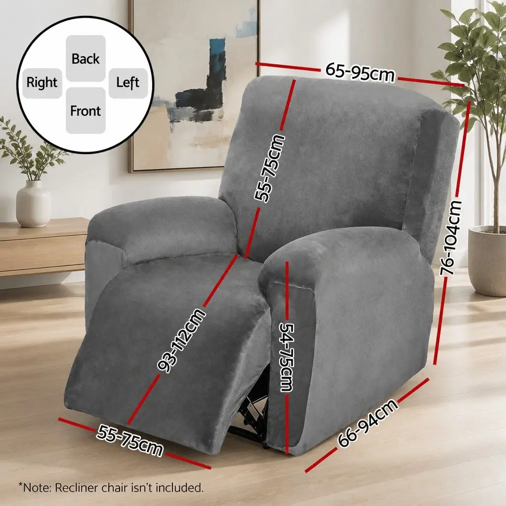 1 Seater Recliner Cover Velvet Stretchable Grey Anti-Slip Elastic Bottom