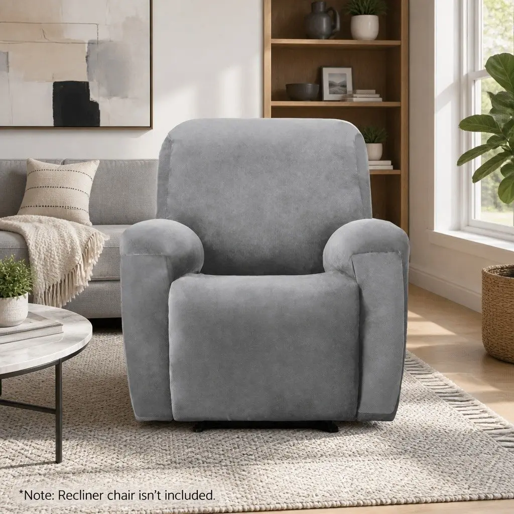 1 Seater Recliner Cover Velvet Stretchable Grey Anti-Slip Elastic Bottom