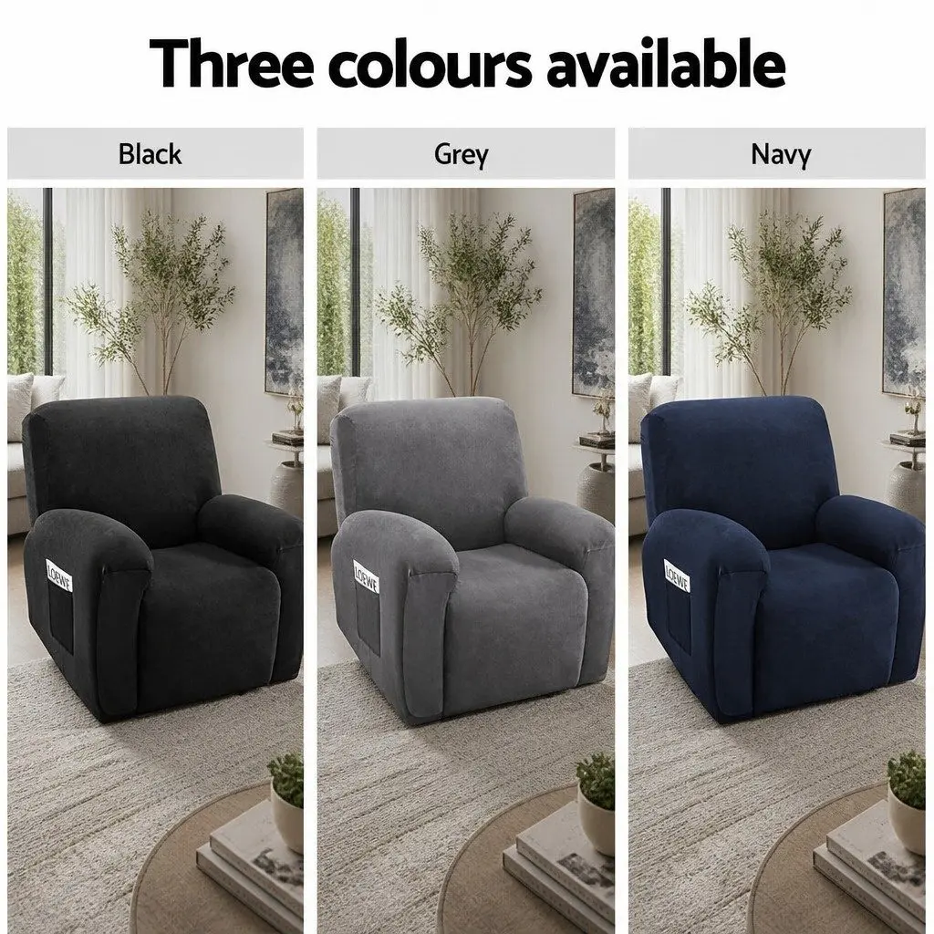 1 Seater Recliner Cover Velvet Stretchable Grey Anti-Slip Elastic Bottom