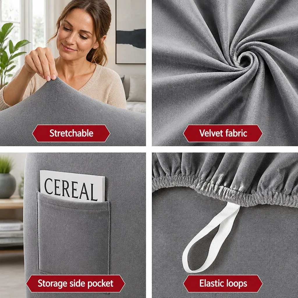 1 Seater Recliner Cover Velvet Stretchable Grey Anti-Slip Elastic Bottom