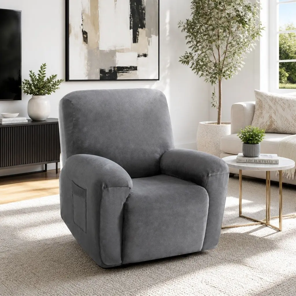 1 Seater Recliner Cover Velvet Stretchable Grey Anti-Slip Elastic Bottom