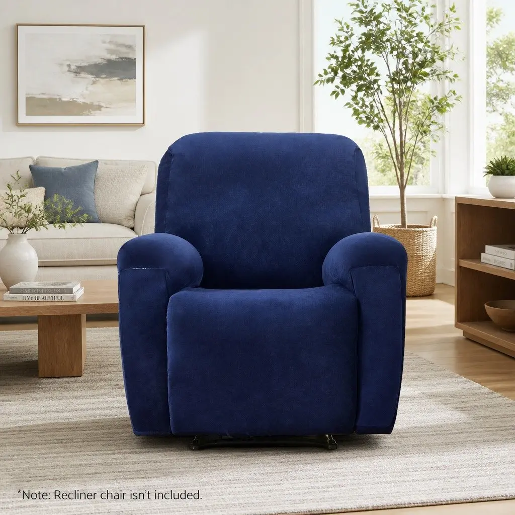 Recliner Chair Cover Velvet 1 Seater Navy Blue Stretch Arm Chair Protection