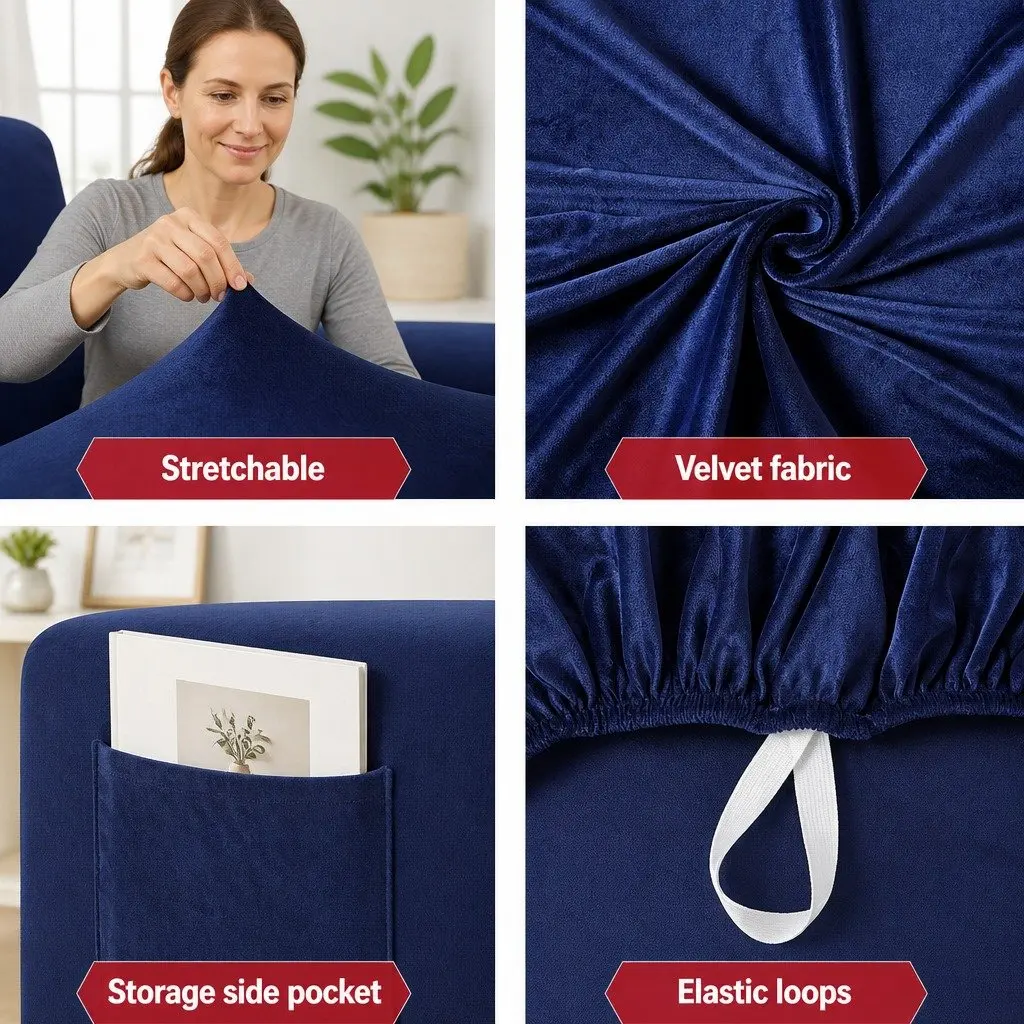 Recliner Chair Cover Velvet 1 Seater Navy Blue Stretch Arm Chair Protection