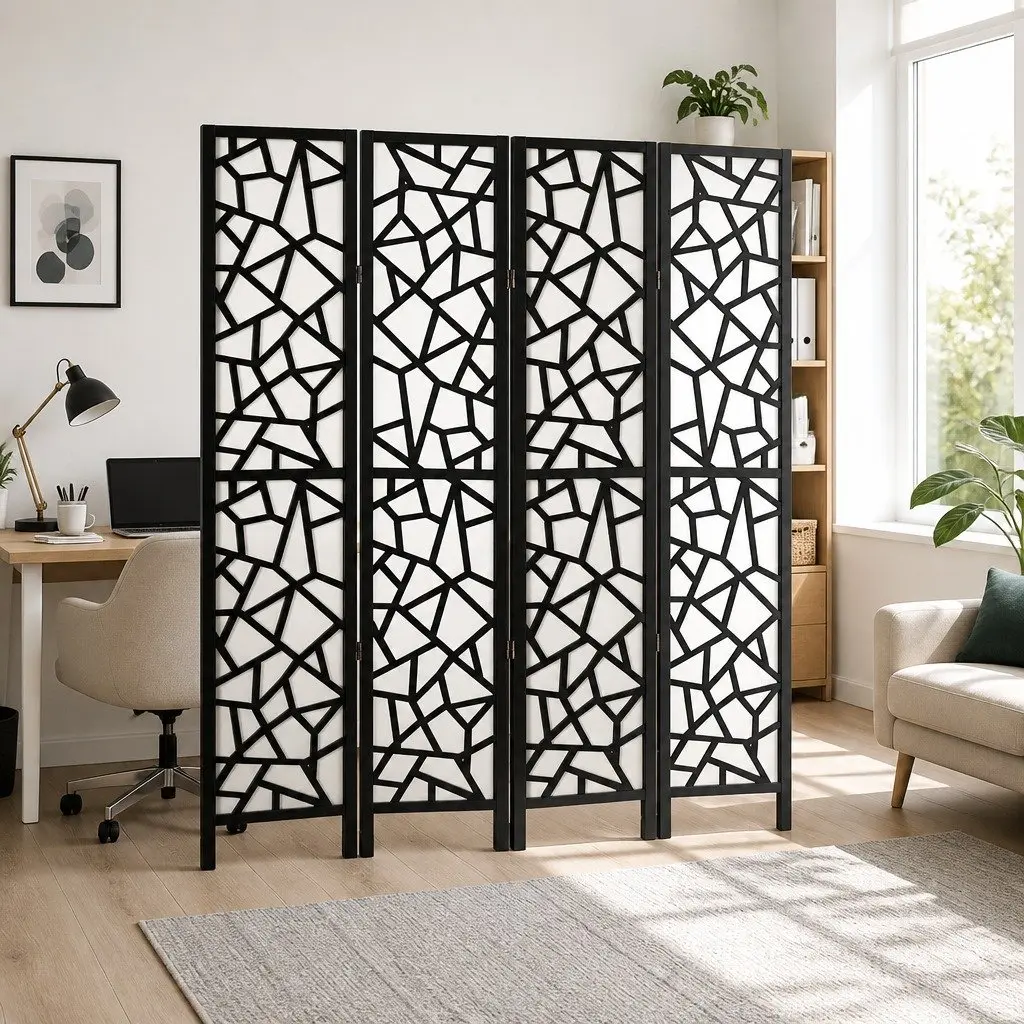 4 Panel Room Divider Screen Pine Wood Frame Non-Woven Fabric 162x170cm Black