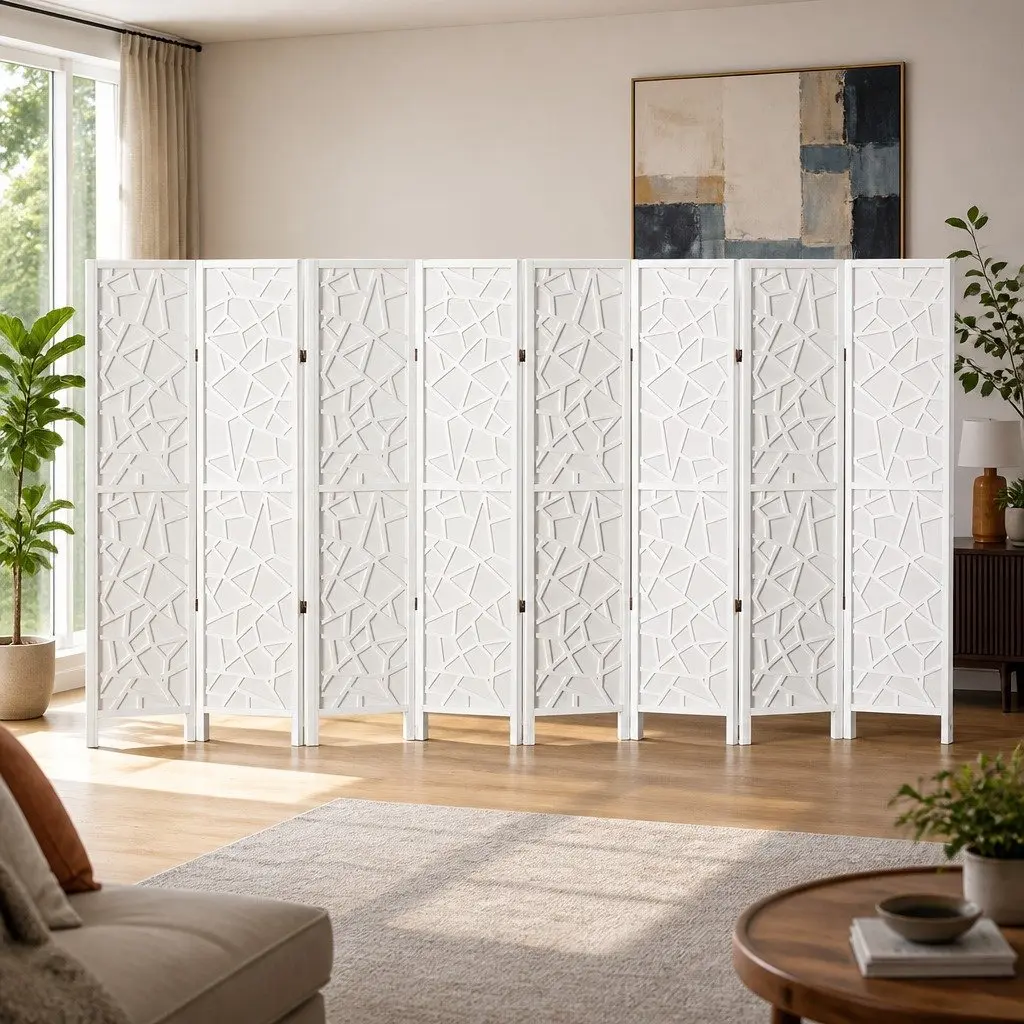 8 Panel Folding Divider Screen White 325cm x 170cm Pine Wood Non-Woven Fabric Portable Privacy Partition