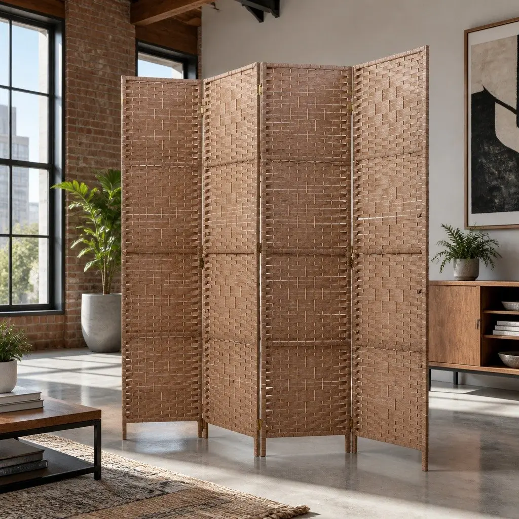 4 Panel Room Divider Screen Woven Natural 163x170cm Foldable Folding Privacy
