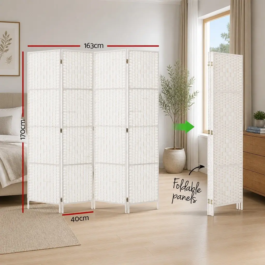 4 Panel Room Divider Screen 163x170cm Foldable Partition White Woven Paper