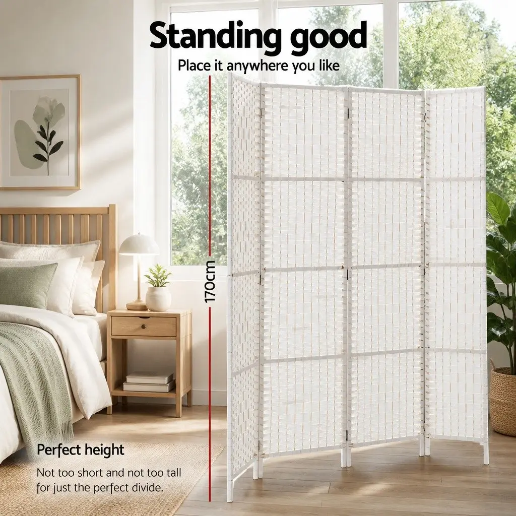 4 Panel Room Divider Screen 163x170cm Foldable Partition White Woven Paper