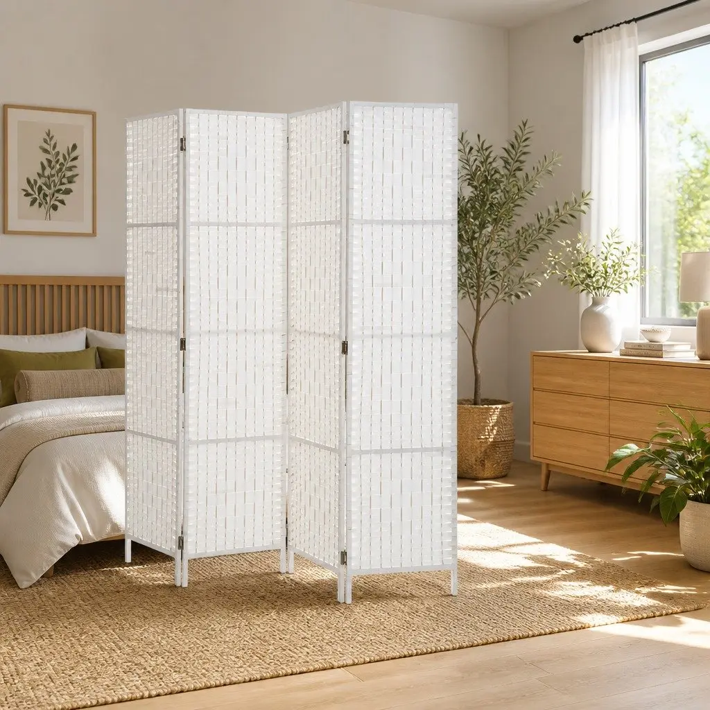 4 Panel Room Divider Screen 163x170cm Foldable Partition White Woven Paper