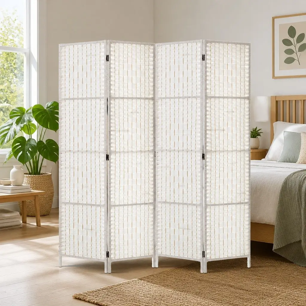 4 Panel Room Divider Screen 163x170cm Foldable Partition White Woven Paper