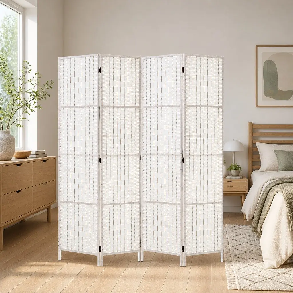 4 Panel Room Divider Screen 163x170cm Foldable Partition White Woven Paper