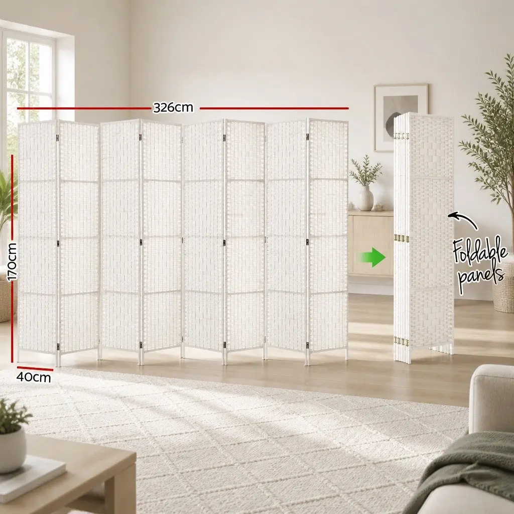 8 Panel Room Divider Screen 326x170cm Folding Partition White Hand-Woven