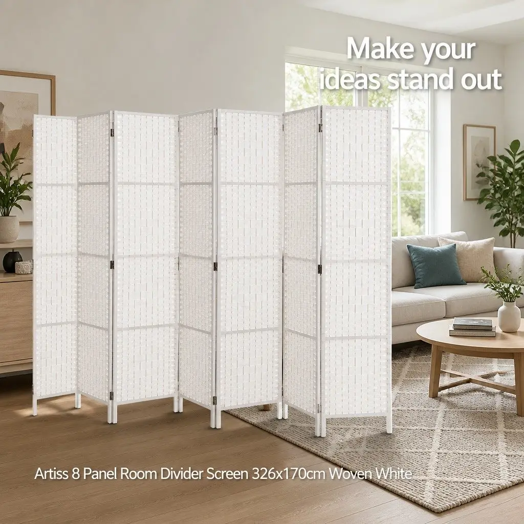 8 Panel Room Divider Screen 326x170cm Folding Partition White Hand-Woven