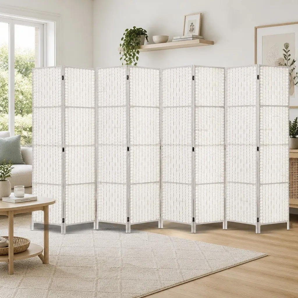 8 Panel Room Divider Screen 326x170cm Folding Partition White Hand-Woven