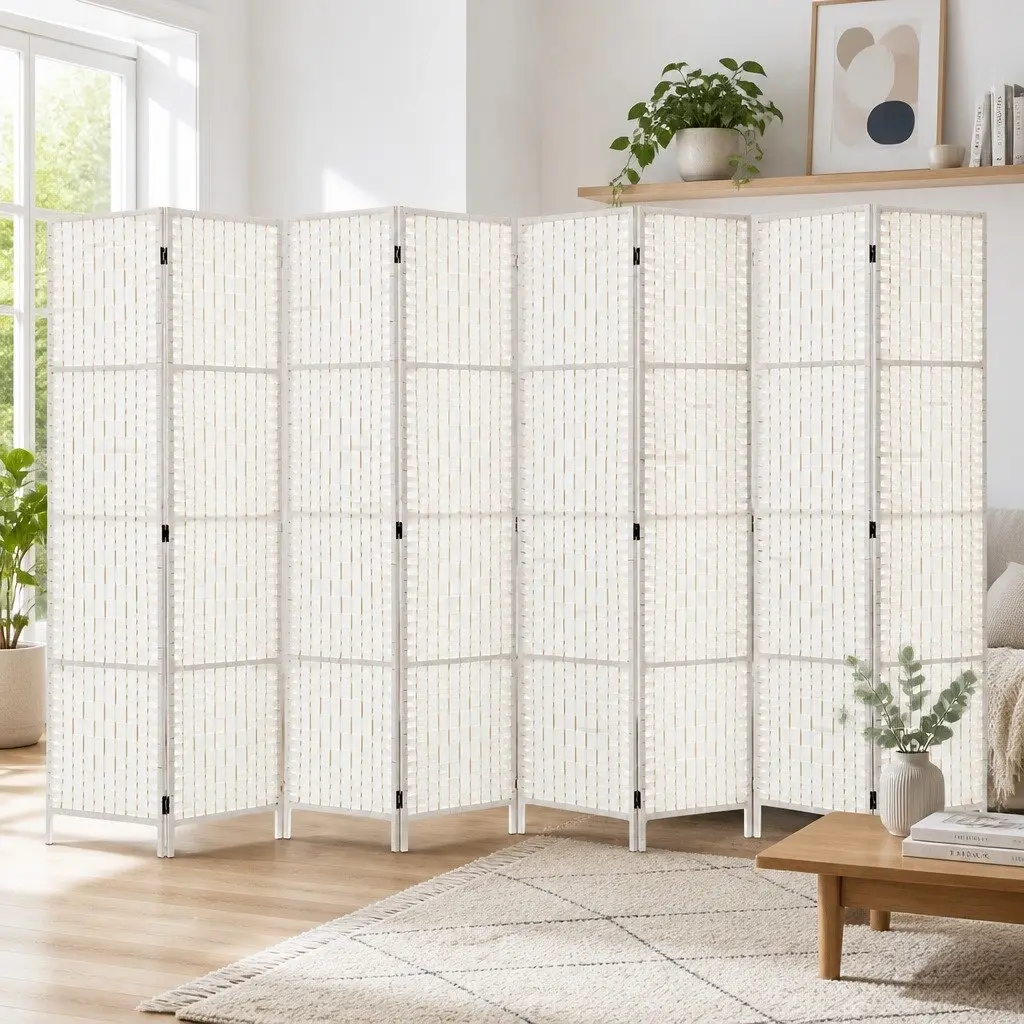 8 Panel Room Divider Screen 326x170cm Folding Partition White Hand-Woven