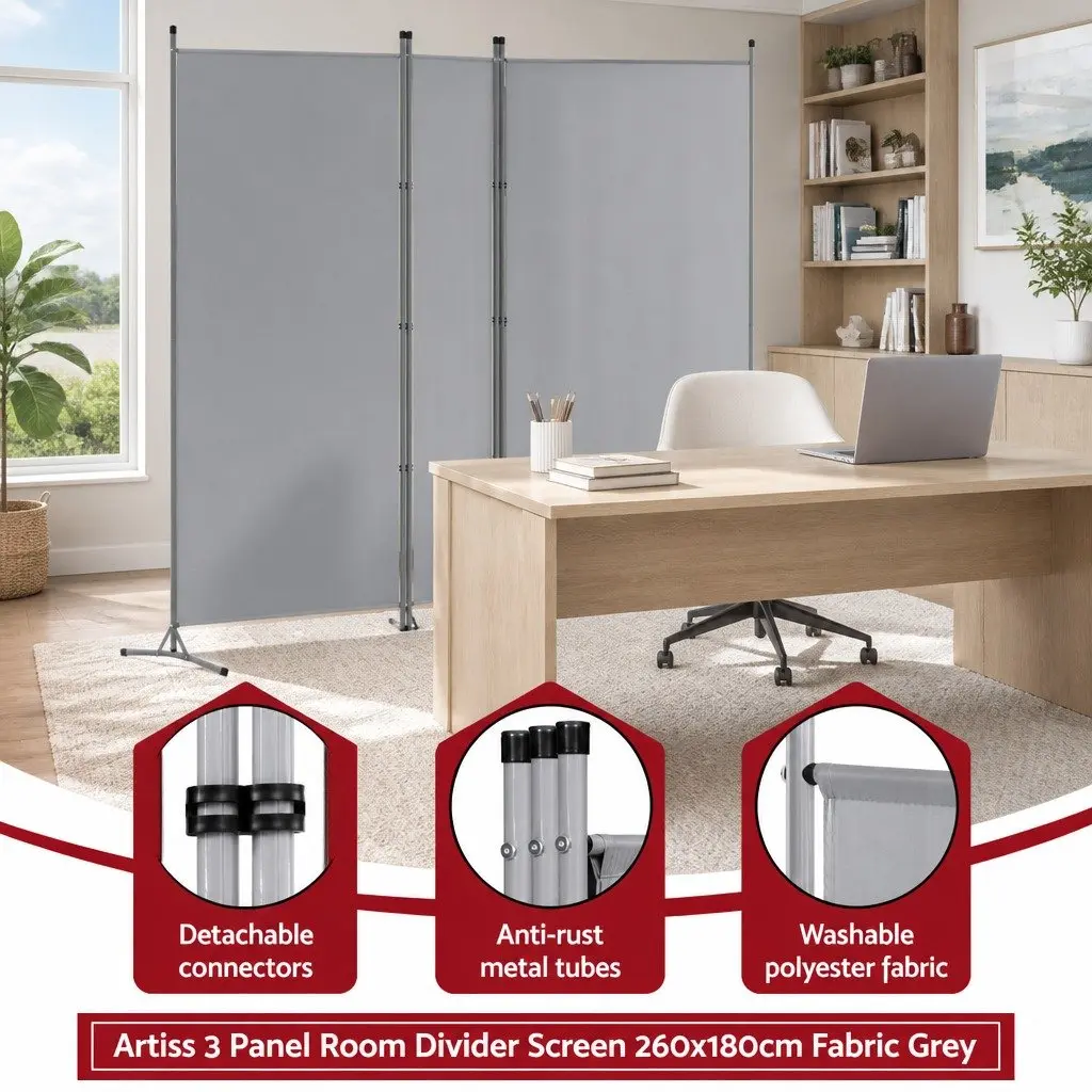 3 Panel Room Divider Fabric Grey 260x180cm Folding Partition Privacy