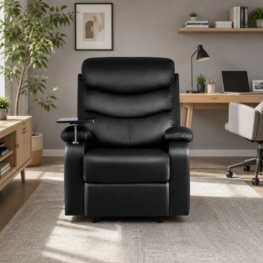 Recliner Chair PU Leather Black Swivel Tray Table Lounge Armchair Footrest