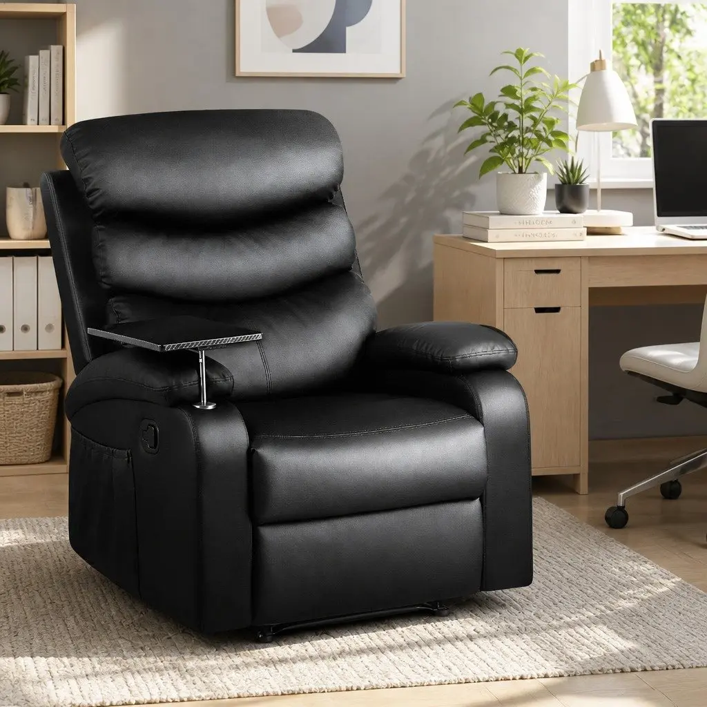 Recliner Chair PU Leather Black Swivel Tray Table Lounge Armchair Footrest