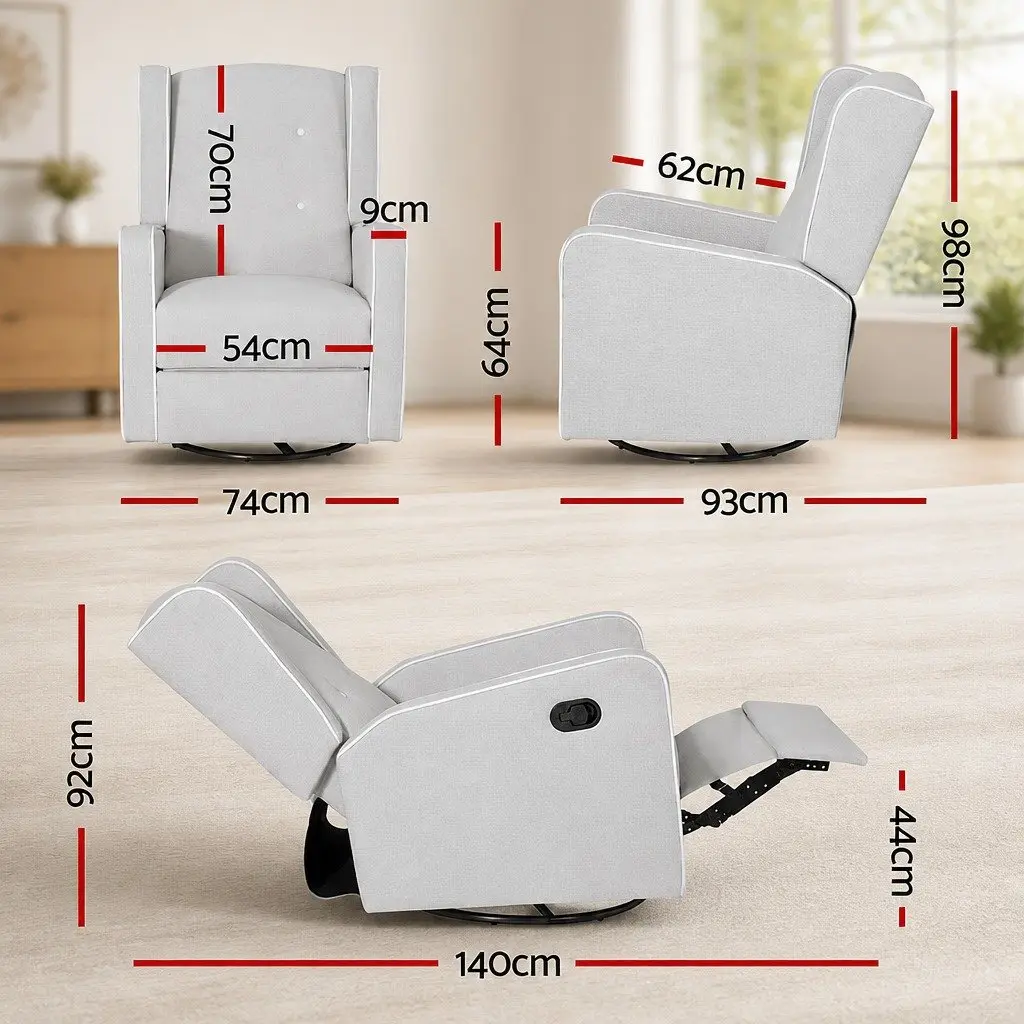 Recliner Armchair Grey Faux Linen Fabric 360 Swivel Remote Control Footrest