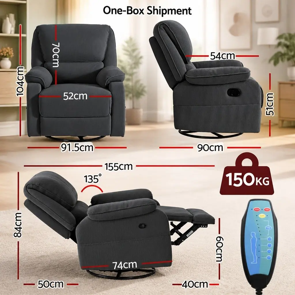Recliner Chair Corduroy 360 Swivel Adjustable Grey