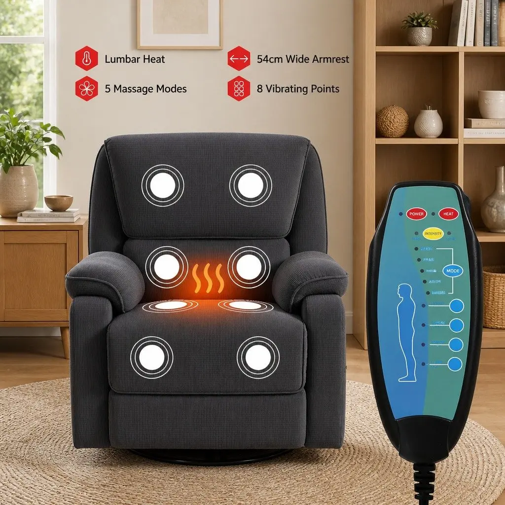 Recliner Chair Corduroy 360 Swivel Adjustable Grey