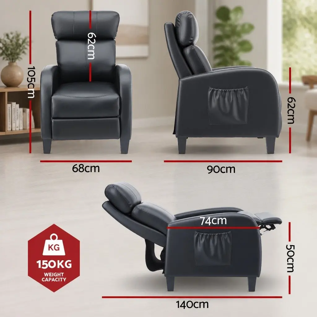 Massage Recliner Chair PU Leather Black Compact Adult 2-Point Massage 90 to 135 Degree Adjustable Backrest
