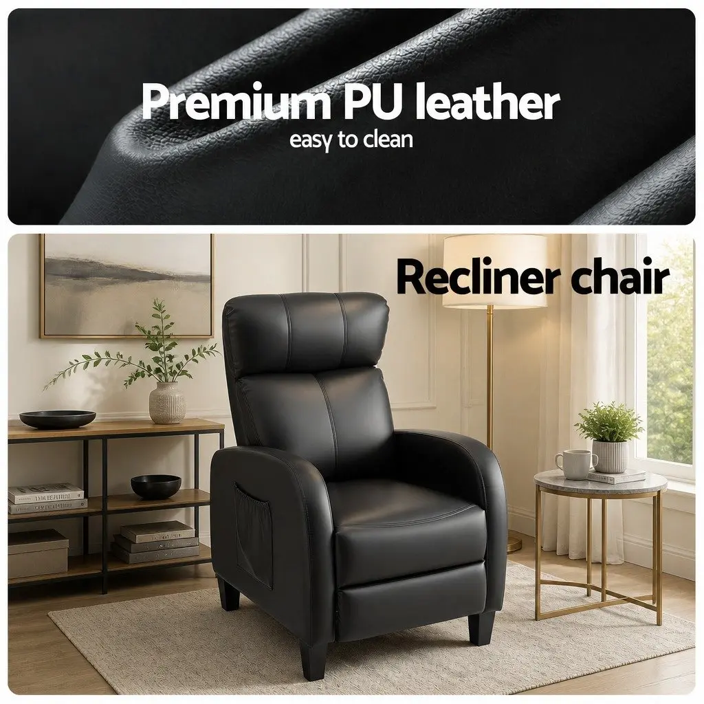 Massage Recliner Chair PU Leather Black Compact Adult 2-Point Massage 90 to 135 Degree Adjustable Backrest