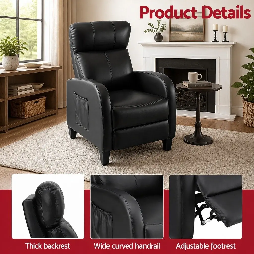 Massage Recliner Chair PU Leather Black Compact Adult 2-Point Massage 90 to 135 Degree Adjustable Backrest