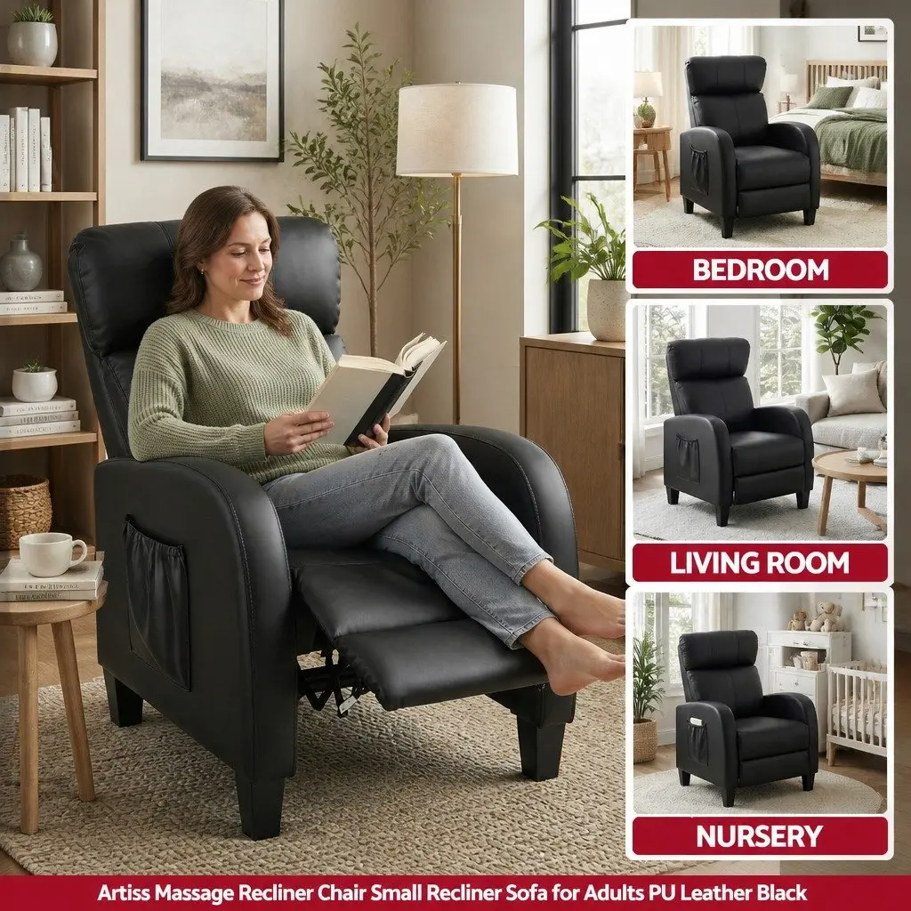 Massage Recliner Chair PU Leather Black Compact Adult 2-Point Massage 90 to 135 Degree Adjustable Backrest