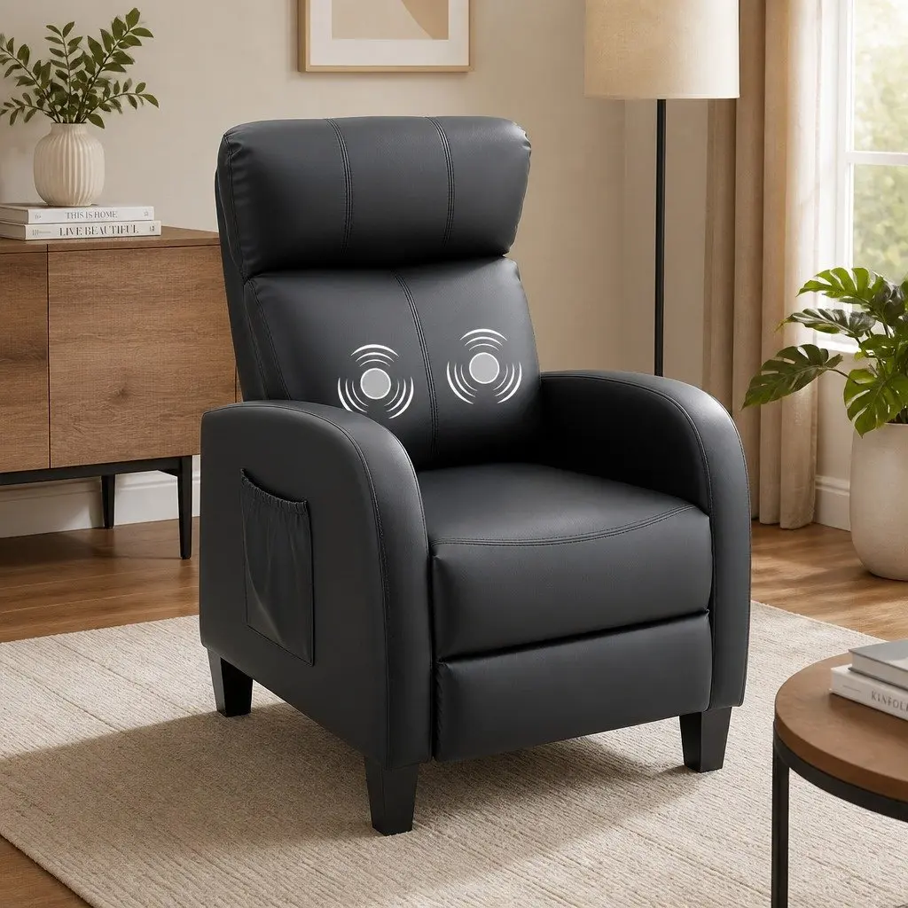 Massage Recliner Chair PU Leather Black Compact Adult 2-Point Massage 90 to 135 Degree Adjustable Backrest