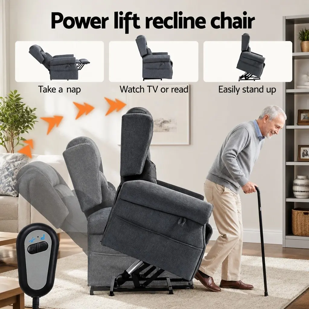 Electric Power Lift Recliner Chair Fabric Grey