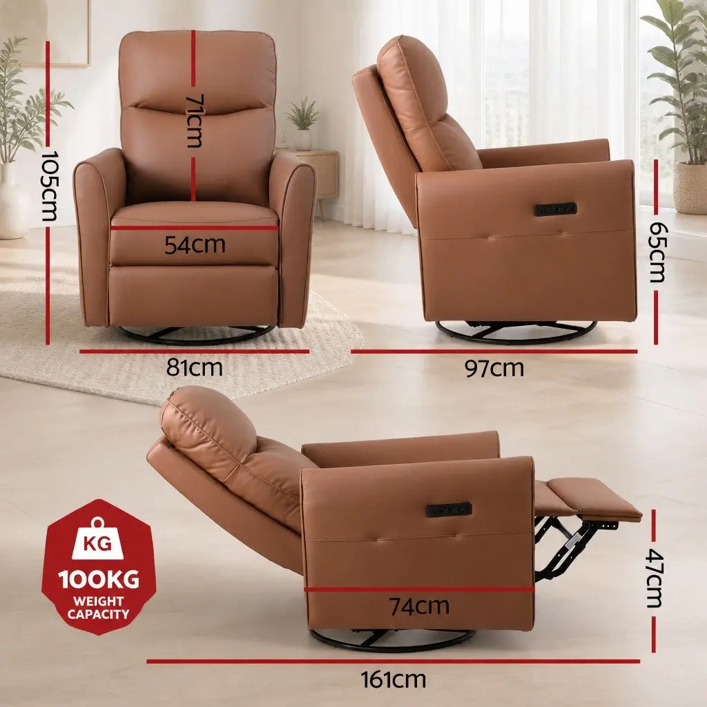 Electric Recliner Chair Brown PU Leather Swivel 240 Degree Adjustable Headrest Footrest USB Charging LED Lights