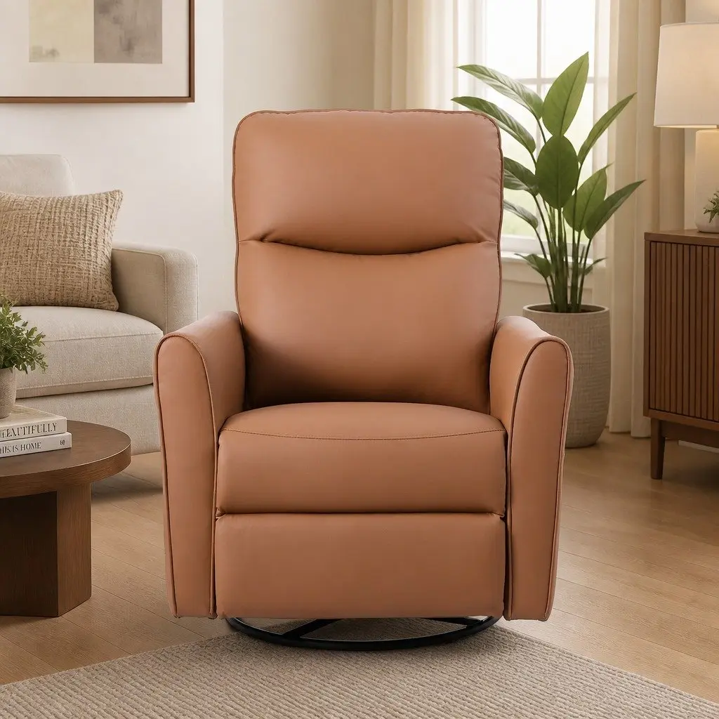Electric Recliner Chair Brown PU Leather Swivel 240 Degree Adjustable Headrest Footrest USB Charging LED Lights