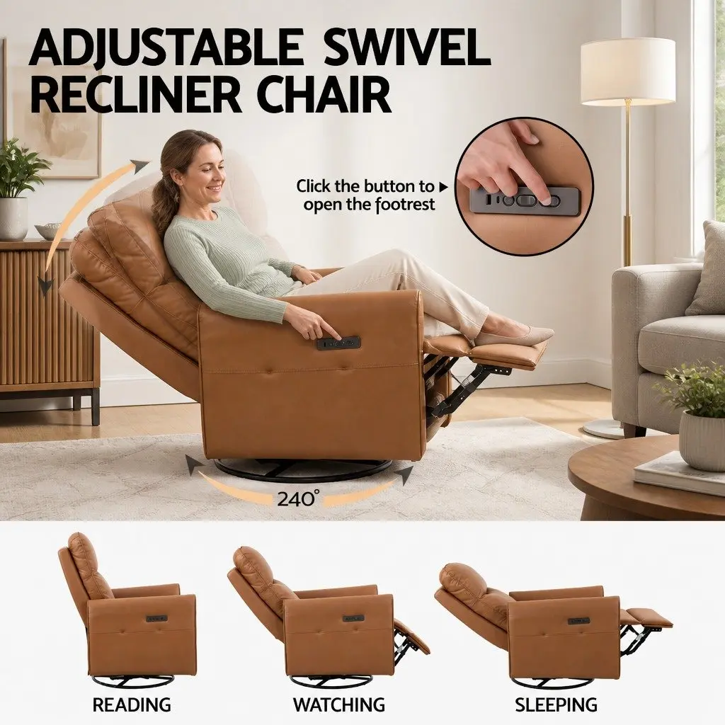 Electric Recliner Chair Brown PU Leather Swivel 240 Degree Adjustable Headrest Footrest USB Charging LED Lights