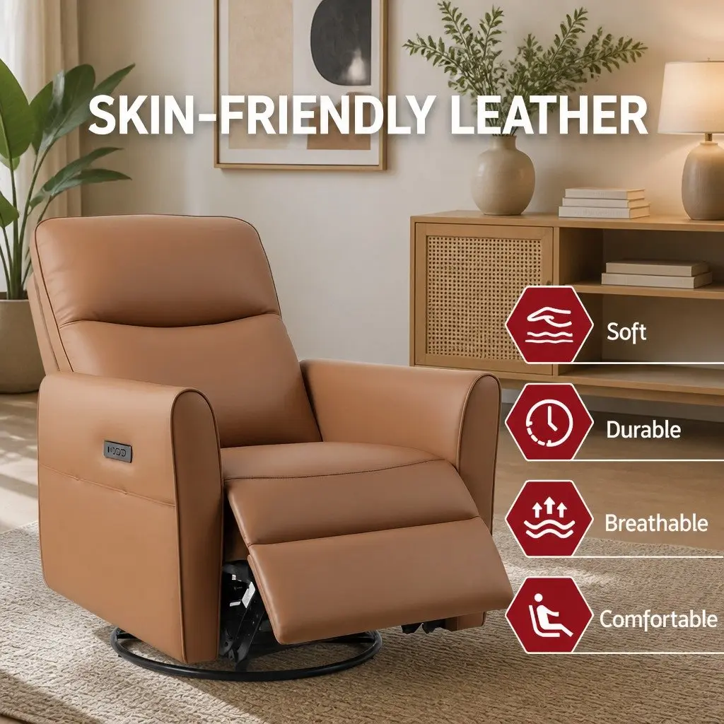 Electric Recliner Chair Brown PU Leather Swivel 240 Degree Adjustable Headrest Footrest USB Charging LED Lights