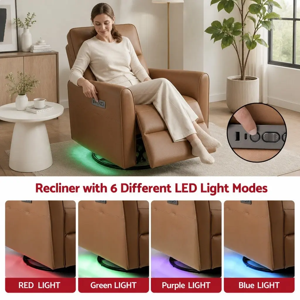 Electric Recliner Chair Brown PU Leather Swivel 240 Degree Adjustable Headrest Footrest USB Charging LED Lights