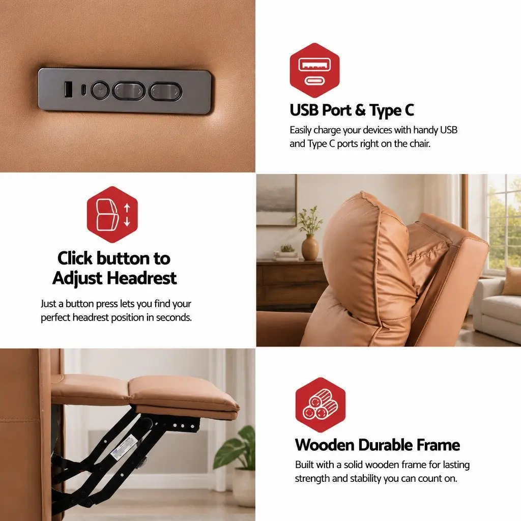 Electric Recliner Chair Brown PU Leather Swivel 240 Degree Adjustable Headrest Footrest USB Charging LED Lights