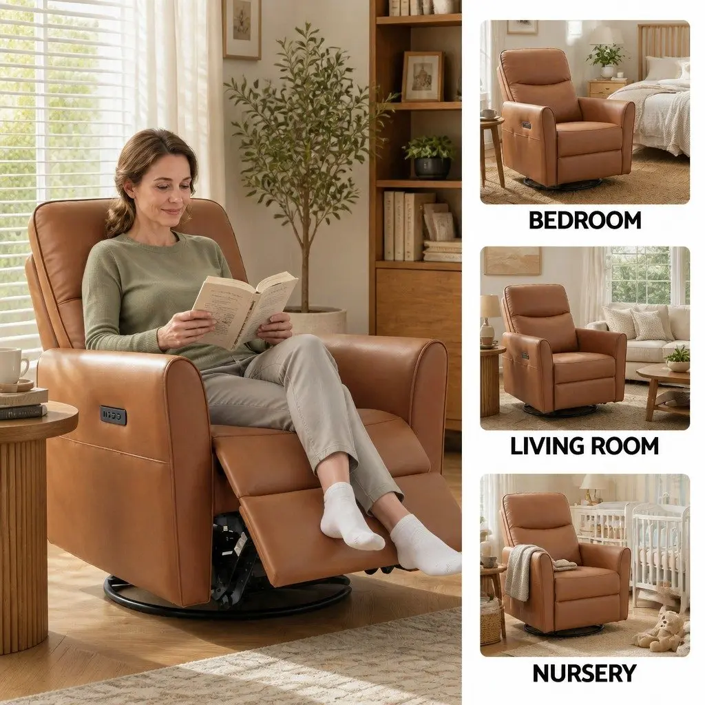 Electric Recliner Chair Brown PU Leather Swivel 240 Degree Adjustable Headrest Footrest USB Charging LED Lights
