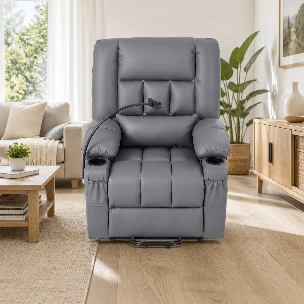 Power Lift Recliner Chair with Massage Heat USB Grey Electric Armchair Living
